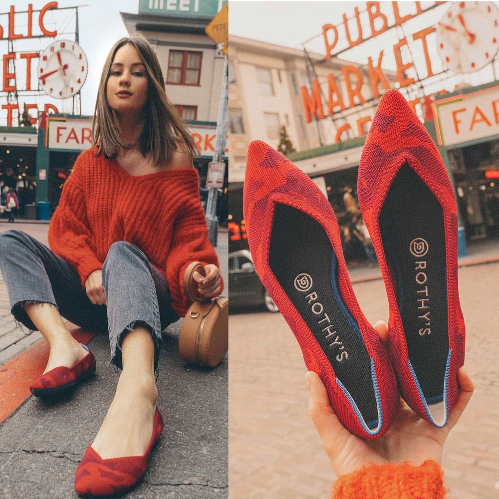 ROTHY'S Camo Point Toe Knit Flats in Red Camo Size 10